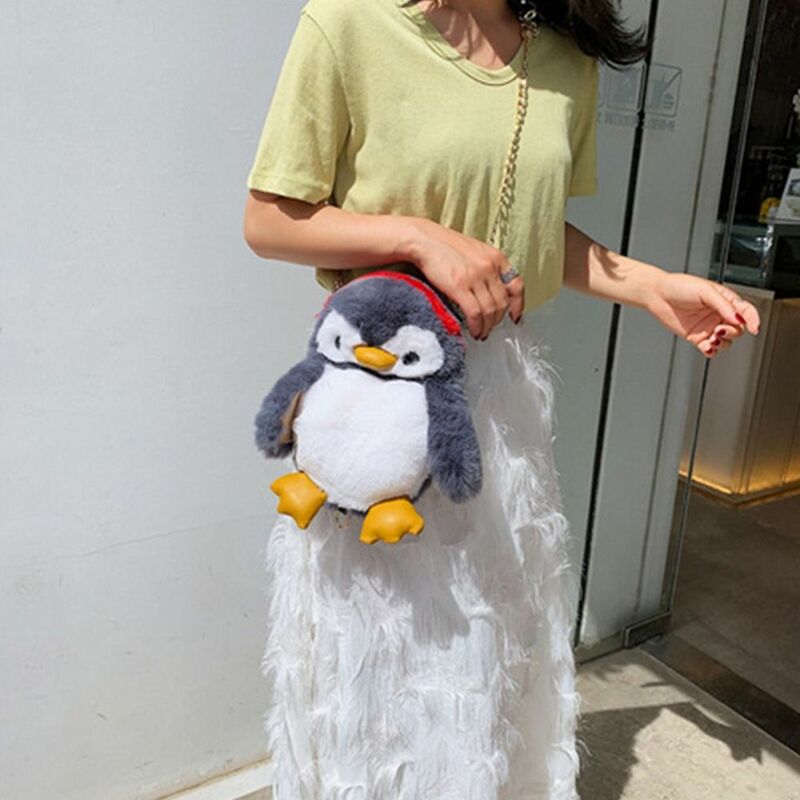 Bolso de hombro de felpa para mujer y niña, bolsa de mano de gran capacidad, informal, pingüino de dibujos animados