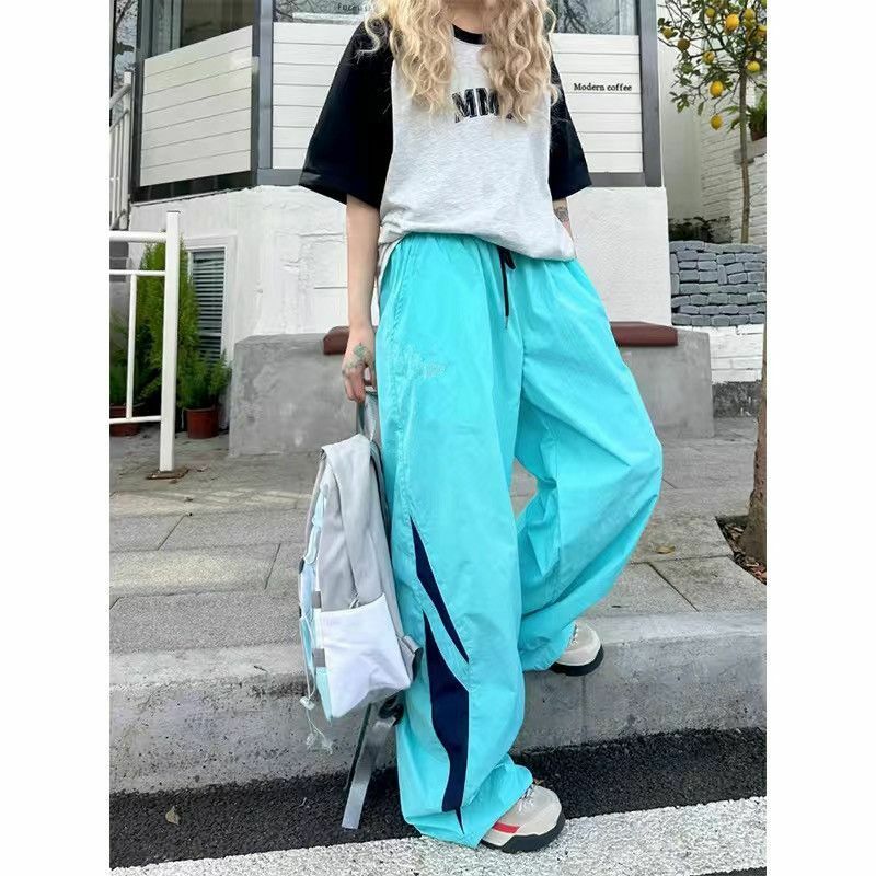 Calça cargo vintage feminina, calça japonesa de pernas largas de rua alta, calça de moletom larga larga listrada, cor original, calça dopamina casual