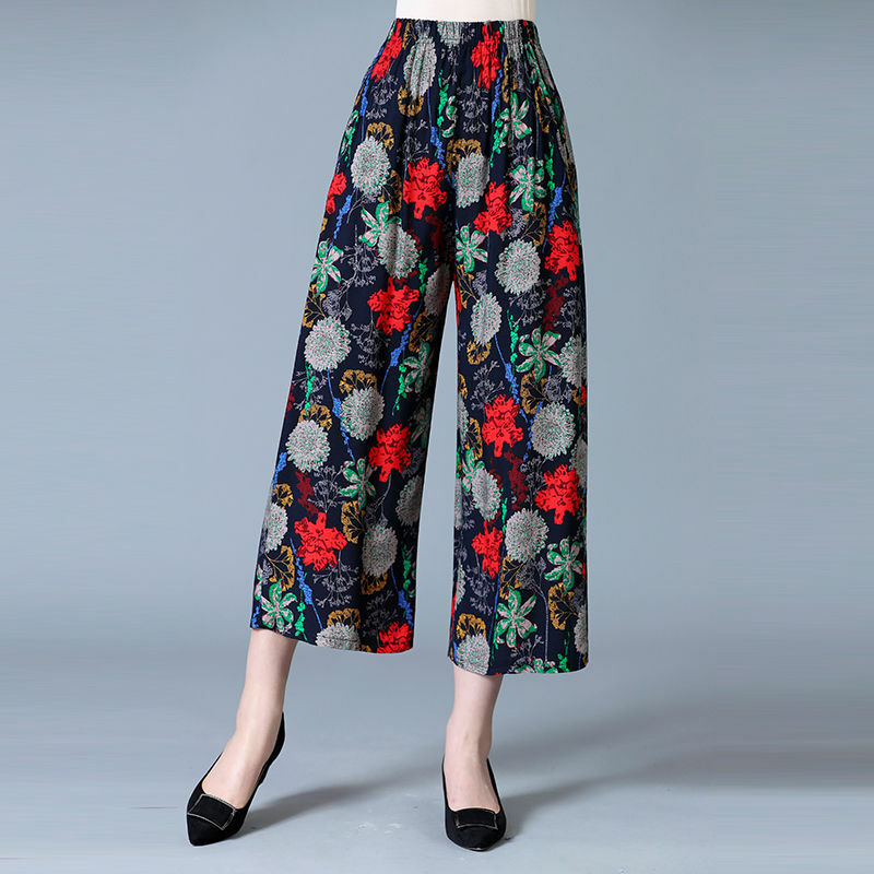 Свободные прямые темпераментные новые элегантные женские брюки с эластичным поясом Корейская летняя одежда с карманами удобные широкие брюки с принтом