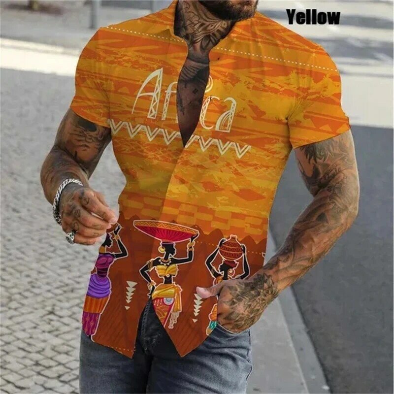Camisa Africana 3D para hombre, camisa versátil de manga corta, ajustada, con botones, informal, Top cómodo, de verano, nueva moda