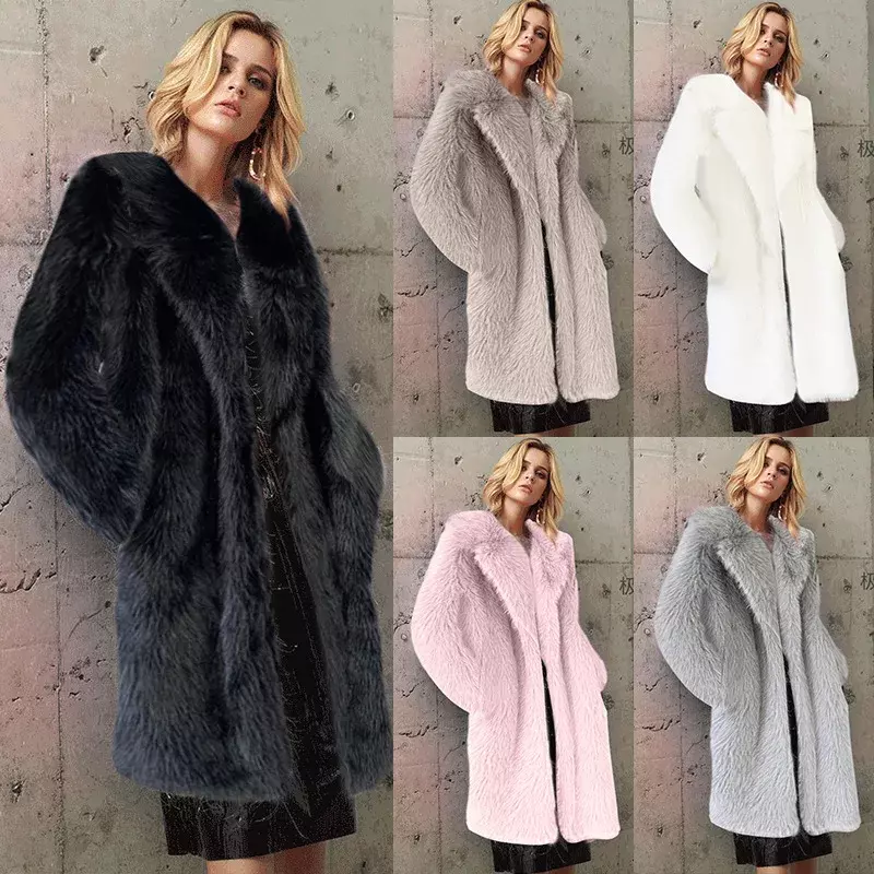여성용 화이트 롱 인조 모피 코트, 대형 재킷 오버 코트, 턴 다운 칼라 포켓, 두꺼운 코트, 따뜻한 재킷, 맥시 코트, 가을 겨울
