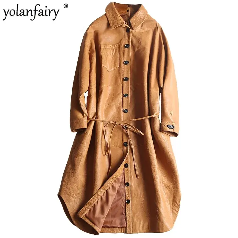 Jaqueta de couro real das mulheres roupas de pele carneiro moda trench coat senhoras midium casual blusão feminino jaqueta de couro fcy1926
