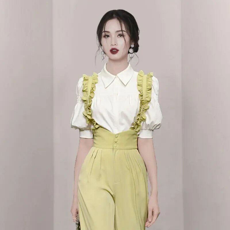 한국 인기 버블 슬리브 쉬폰 셔츠 와이드 레그 스트랩 바지 투피스 세트, 우아한 여성 바지 세트 오피스 의상