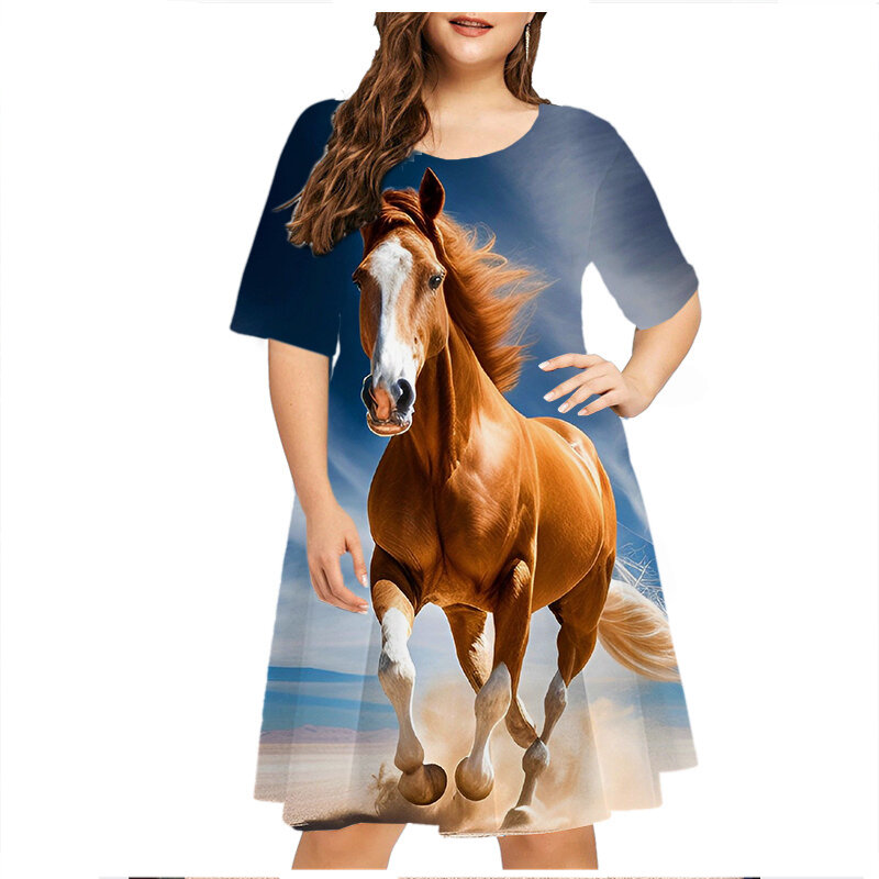 Grassland-vestidos de animales para correr para mujer, ropa de gran tamaño, informal, manga corta, estampado, vestido suelto de talla grande, Verano