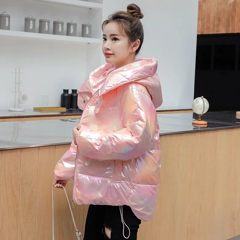 Leisure Down Cotton Coat Female Autumn And Winter Korean Version Loose Fashion Hooded Glossy Add ThickSshort Parka Women Jacket
