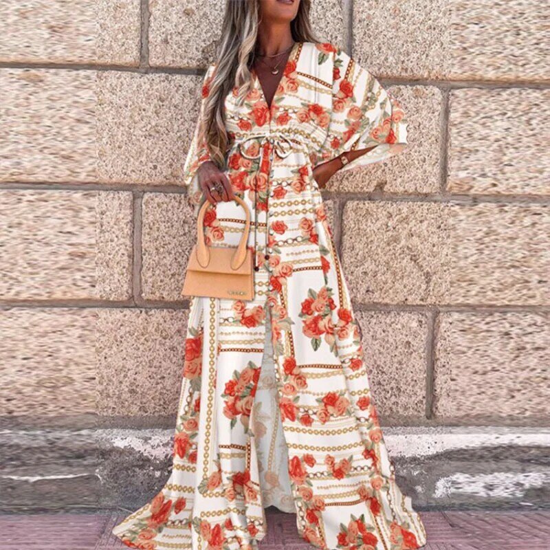 Print Muslim Loose Maxi Dress Women Fashion Casual Middle East Islam Long Sleeve V Neck Belt Slit Floor Length Dress