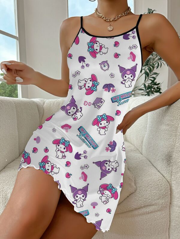 Saia de pijama com decote em V feminino, mini vestido chique, traje elegante, guarnição de alface, Kuromi, moda verão, sexy, 2024