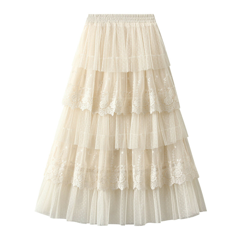 Mid Long Skirt Women Korean Fashion Hollow Out Cake Skirts Female Summer Vintage Casual Loose Slim Ruffles Lace Half Dress