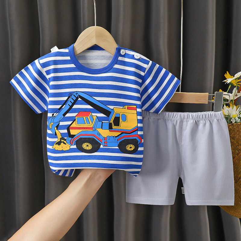 Set piyama lengan pendek anak laki-laki perempuan, setelan baju bayi motif kartun lucu lengan pendek dengan celana pendek musim panas 2024 untuk anak laki-laki dan perempuan