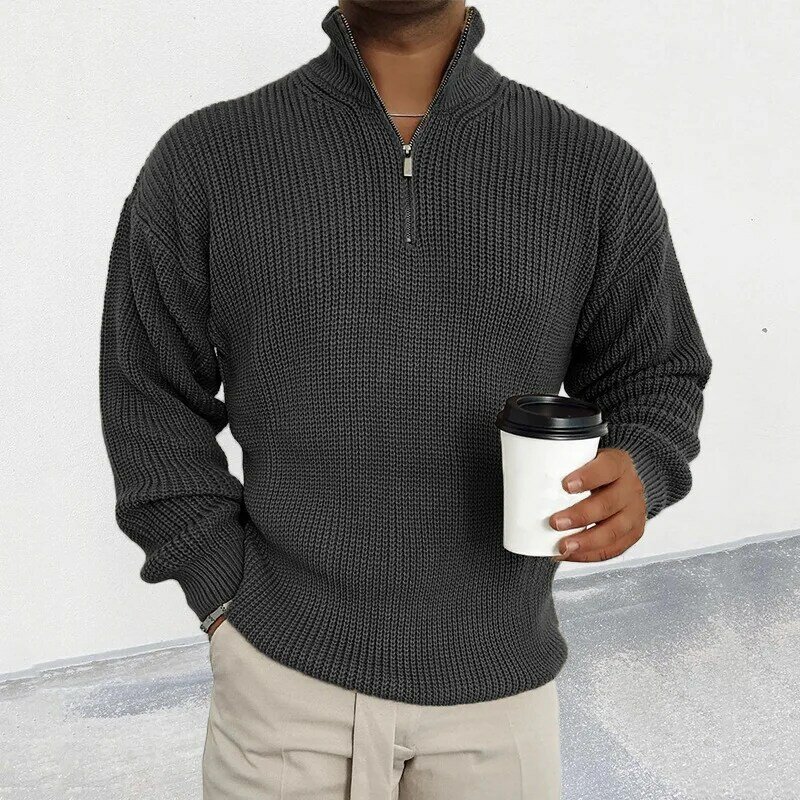 Мужской трикотажный свитер-водолазка на молнии, с длинным рукавом и V-образным вырезом