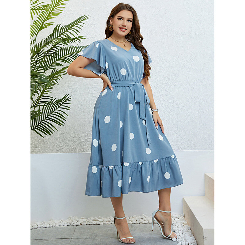 Plus Size Women's Loose Short Sleeve Dress Mid Calf Oversized Dress for Women V Neck Blue Dot Butterfly Sleeve
