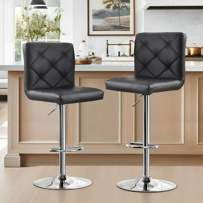 บาร์สตูลหนัง PU แบบปรับได้เก้าอี้สตูลหมุนได้ชุดเก้าอี้สตูลเคาน์เตอร์ห้องครัว2ชิ้น (สีดำ)