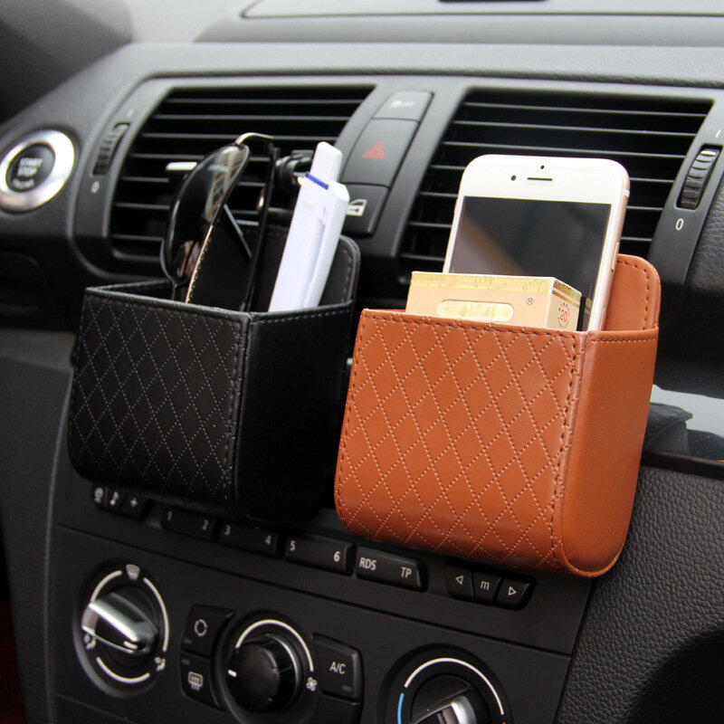 กระเป๋าเก็บของในรถยนต์สามารถแขวนช่องระบายอากาศที่ยึดโทรศัพท์กล่องเก็บของแบบตะเข็บติดรถยนต์ภายในรถ