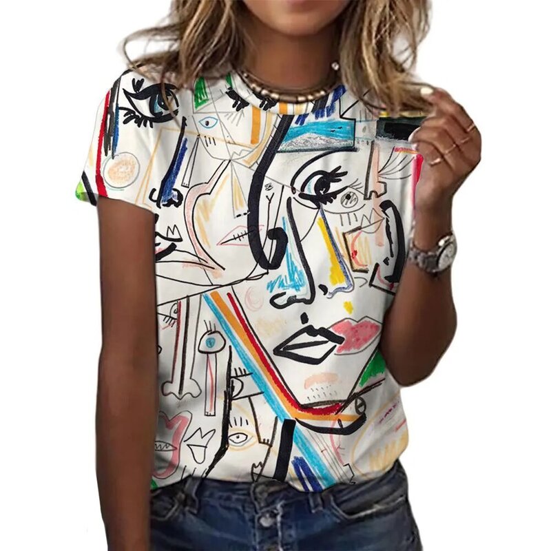 Camiseta feminina com impressão grafite 3D elegante manga curta, blusa casual com gola O, Harajuku vintage, verão, novo, 2022