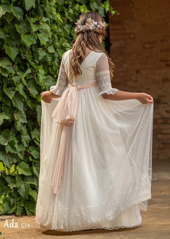 FATAPAESE платье для причастия с коротким рукавом и длинной паровой юбкой с круглым вырезом элегантное ретро-платье с вышивкой и бантом