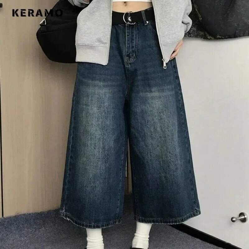 Jeans retrô americano de cintura alta médio longo com bolsos para mulheres, shorts de hip-hop grunge Y2K, jeans lavado, rua casual, verão, 2024