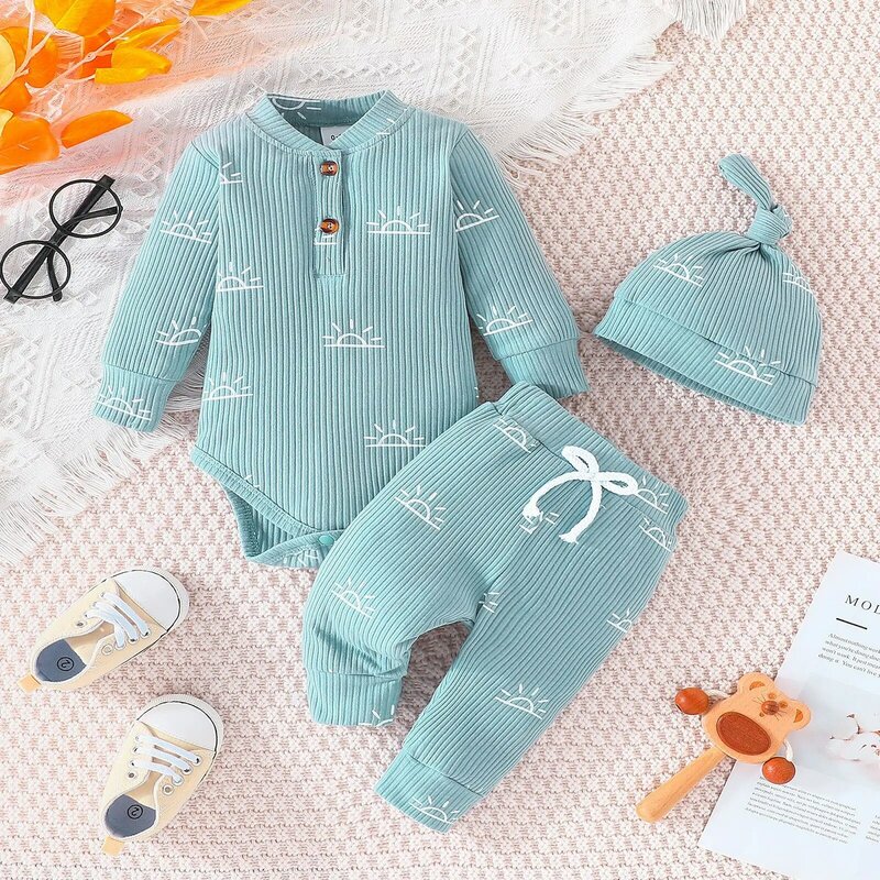 0-18 Months Newborn Boys Girls Clothes Set Infant For Toddler Baby Long Sleeve Bodysuit + Pants + Hat Cotton Clothing Suit