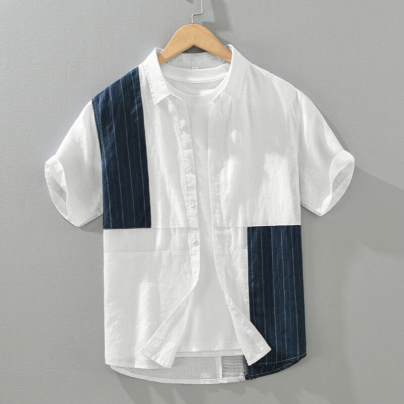 남성용 린넨 캐주얼 셔츠, 스트라이프 패치워크 반팔 셔츠, 루즈한 대형 단추 셔츠, 100% 패션