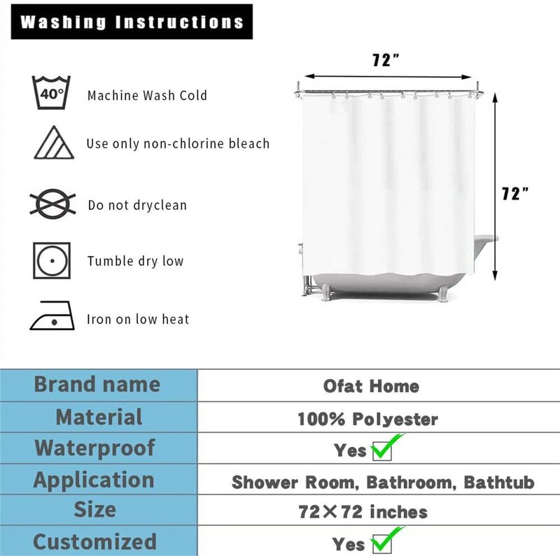 Ofat 가정용 샤워 커튼, 개인 정보 보호, 방수 방풍 빛 차단 커튼, 욕실 특정 품목, 180x18 cm, 72x72 인치
