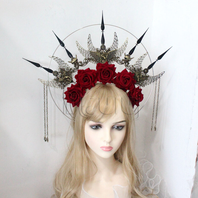 Punk Spiked Crown Kopfschmuck Gothic Lolita Königin Göttin Cosplay Barock Rose Blume Halo Stirnband Drachen Schädel Haar Zubehör