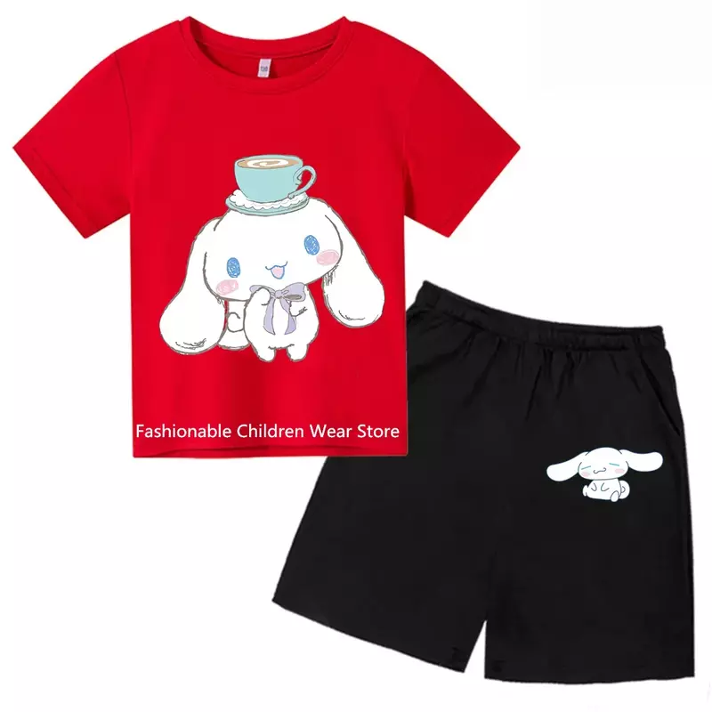 Cinnamoroll-تي شيرت للأطفال بأكمام قصيرة ، ملابس مطبوعة أنيقة ، ملابس عصرية للفتيان والفتيات ، كاجوال صيفي في الهواء الطلق ،