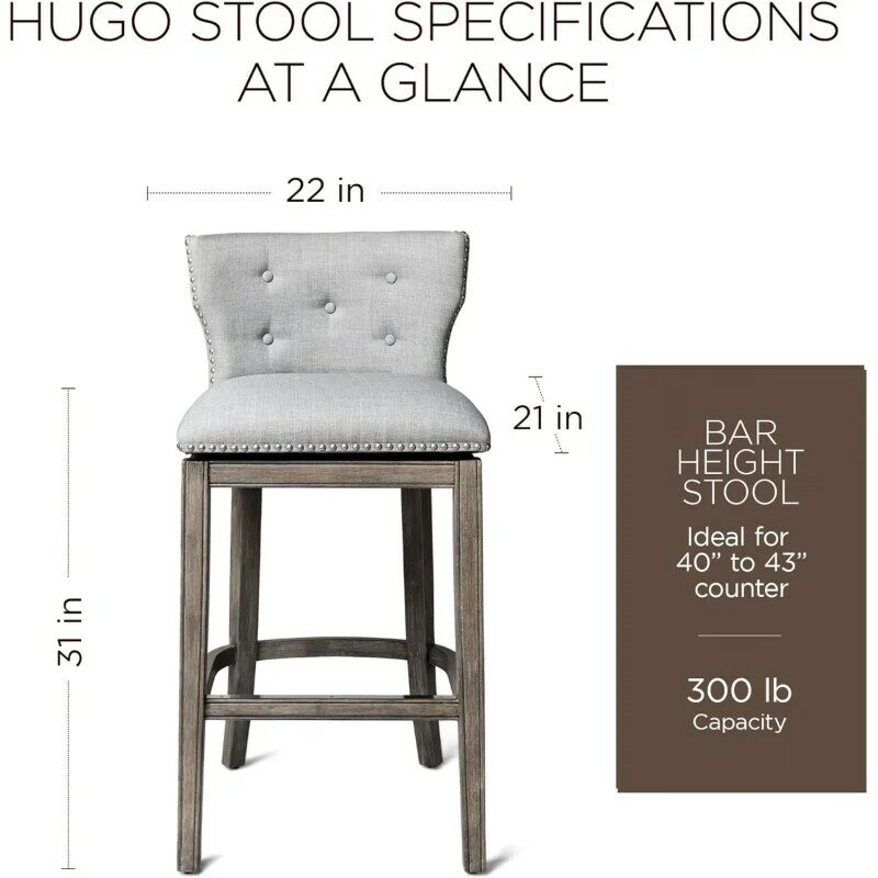 Maven Lane Hugo-taburete alto de 31 pulgadas con respaldo bajo, asiento tapizado de tela gris ceniza, acabado en roble regenerado