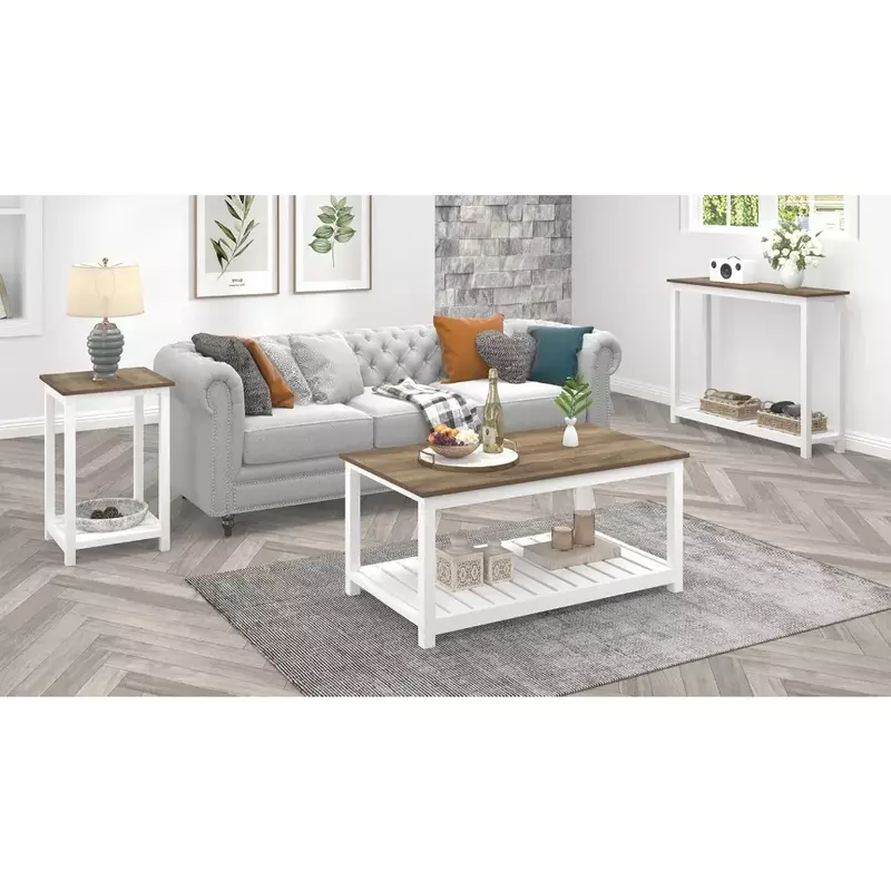 Wood grain surface with white frame Farmhouse Coffee Table with Storage Shelf, Rustic Vintage Wood coffee Table for Living Room