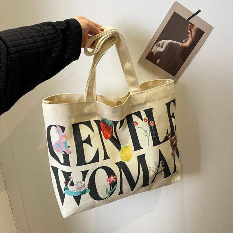 Bolsa de ombro de lona simples para mulheres, impressão de letras, sacola de grande capacidade, bolsa cavalheira, meninas