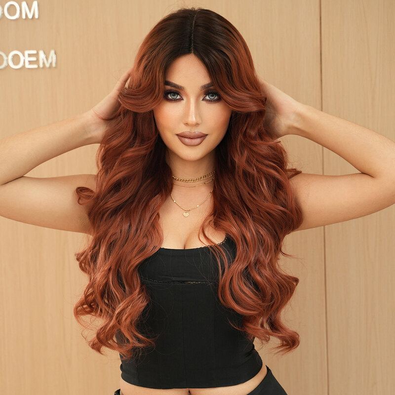 Synthetic Lace Front Wig Long Deep Curly Middle Part Ombre Coppery Brown Wigs Fluffy High Density Pre Plucked HD Lace Front Wig