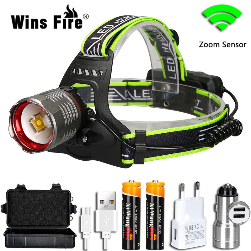 Zoomable poderoso farol de LED, sensor XHP50, farol, lanterna, USB recarregável, lâmpada principal, lanterna de acampamento, bateria 18650
