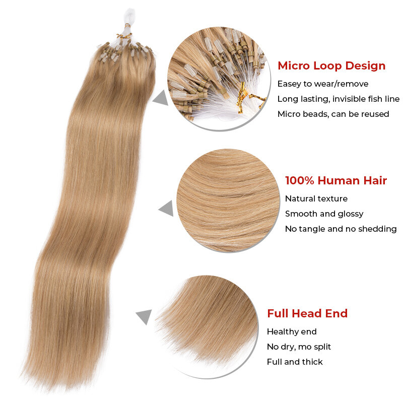 Extension de cheveux humains Micro Loop pour femme, ligne de pêche droite, 100% vrais cheveux humains, cheveux naturels invisibles, Remy Mirco Beads