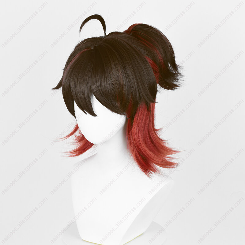Perruques de cosplay de jeu avec queue de cheval, cheveux synthétiques courts, marron, rouge mélangé, degré de chaleur, 35cm