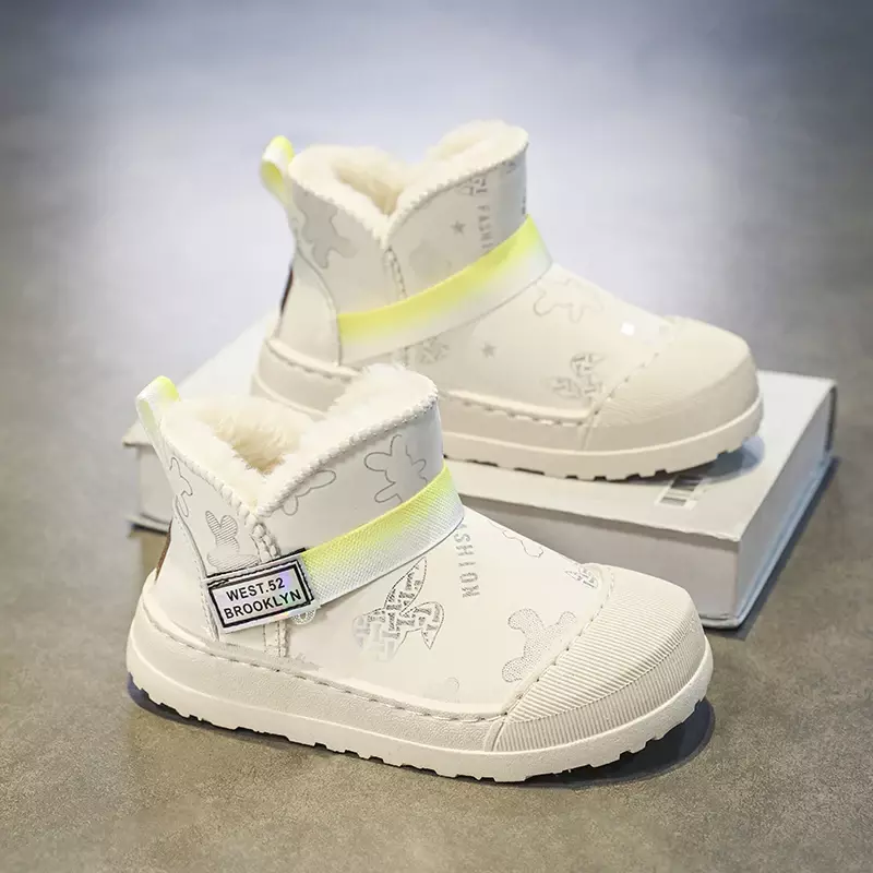Buty zimowe dla dzieci z okrągłym noskiem wodoodporne antypoślizgowe na zewnątrz odporne na zużycie Plus aksamitne modelki wygodne miękkie modne