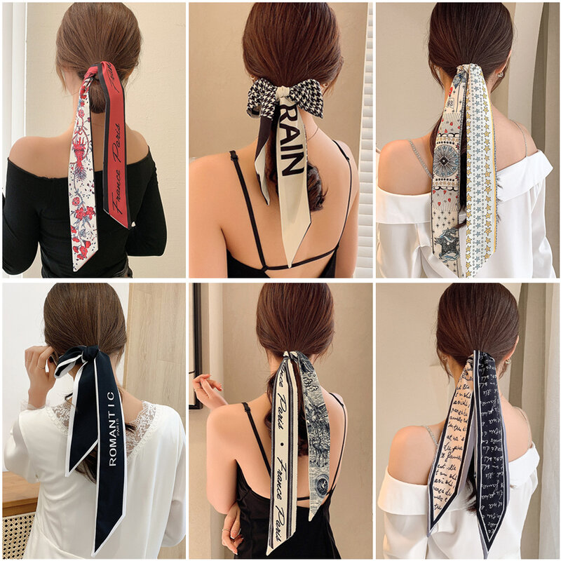 2023 neue Mode Seide Schal Haar Band Lange Band Bogen Koreanische Druck Brief Haar Schal Frauen Pferdeschwanz Halter Haar Zubehör