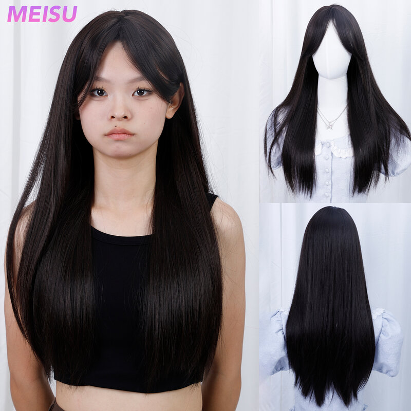 MEISU Straight Black Bangs Wig 24 Inch Fiber Synthetic Wig Heat-resistant Natural Party or Selfie For Women Daily Use