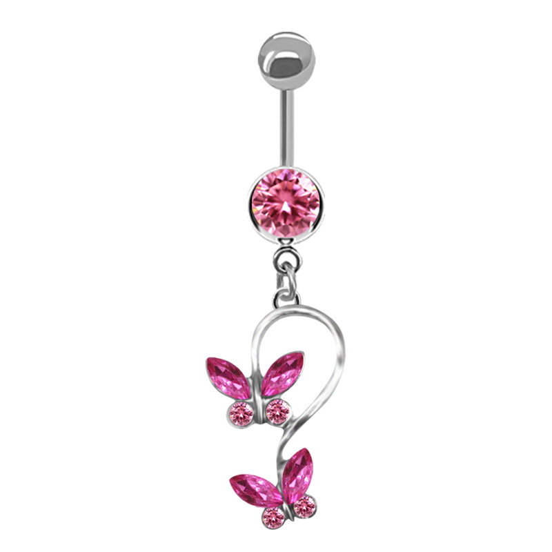 Cincin pusar untuk wanita, perhiasan tindik pusar desain kucing lucu kupu-kupu merah muda trendi modis seksi baja tahan karat