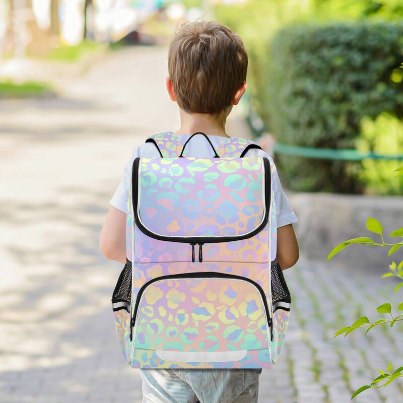 Nova mochila crianças menina primária arco-íris leopardo tie-corante reflexivo listra saco de livro multi bolsos mochilas japonesas