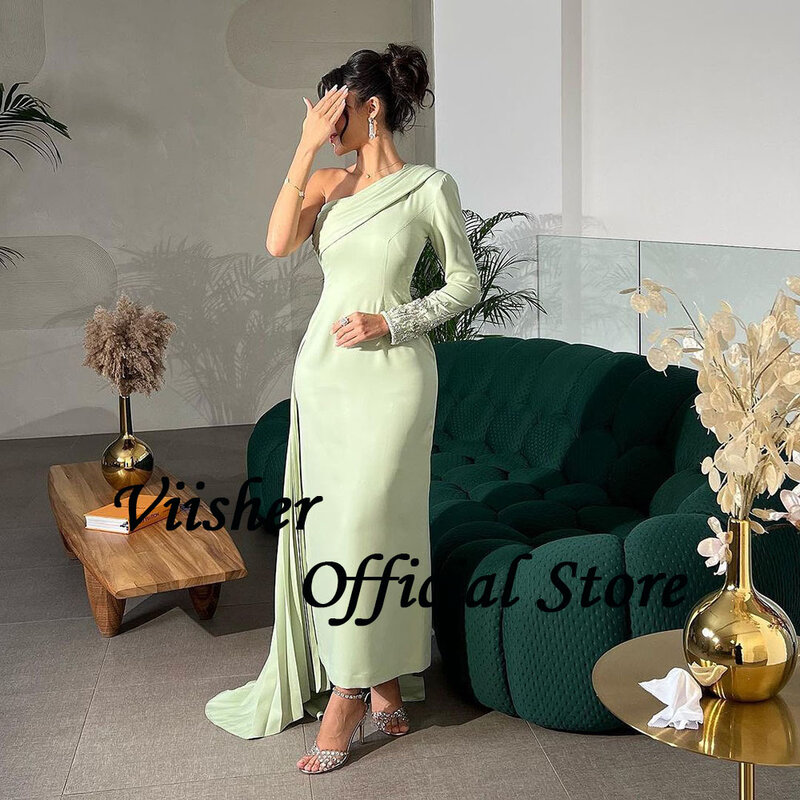 Viisher Зеленые Вечерние платья-русалки на одно плечо с бусинами атласное элегантное арабское дубайское платье для выпускного со шлейфом вечерние платья