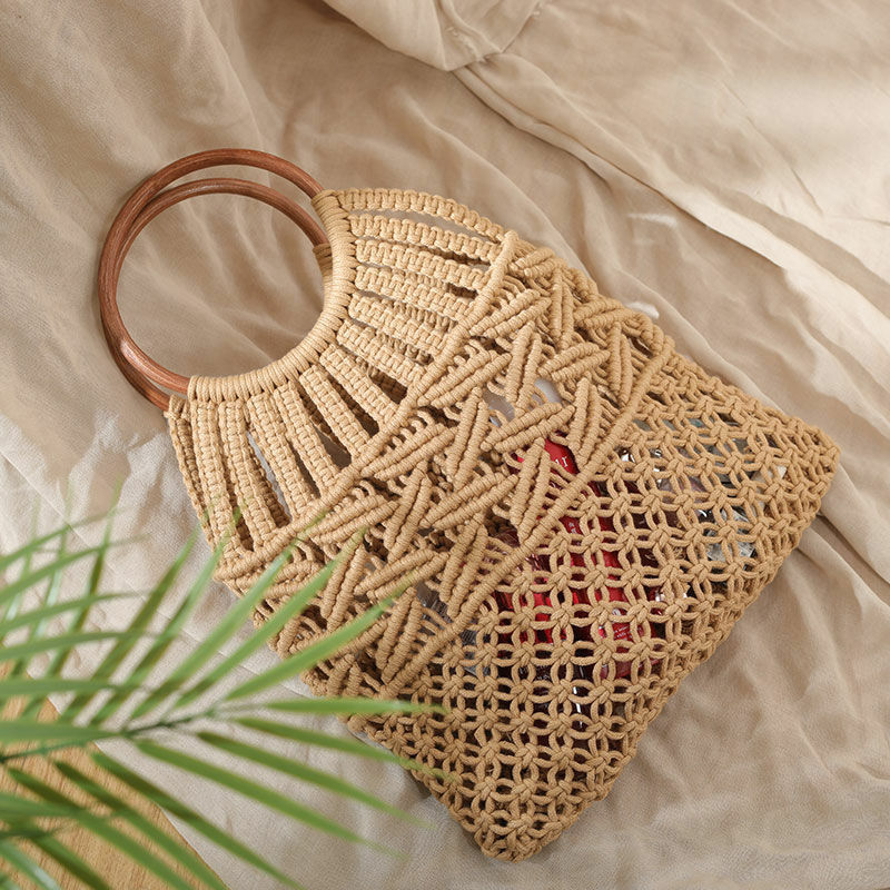 New Wooden Handle Rattan Handle Brown Beige Hollow Handmade Cotton Rope Woven Bag Seaside Holiday Forest Handbag for Women