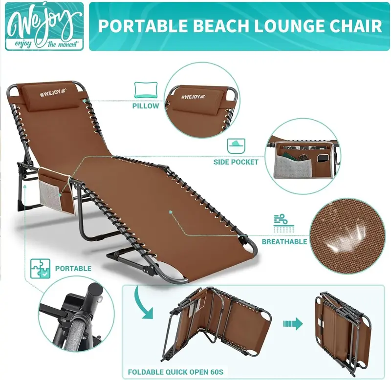 Folding Chaise Lounge Chair - Adjustable Reclining Chairs for Outdoor, Beach,Pool,Sunbathing, and Tanning with Pillow and Pocket