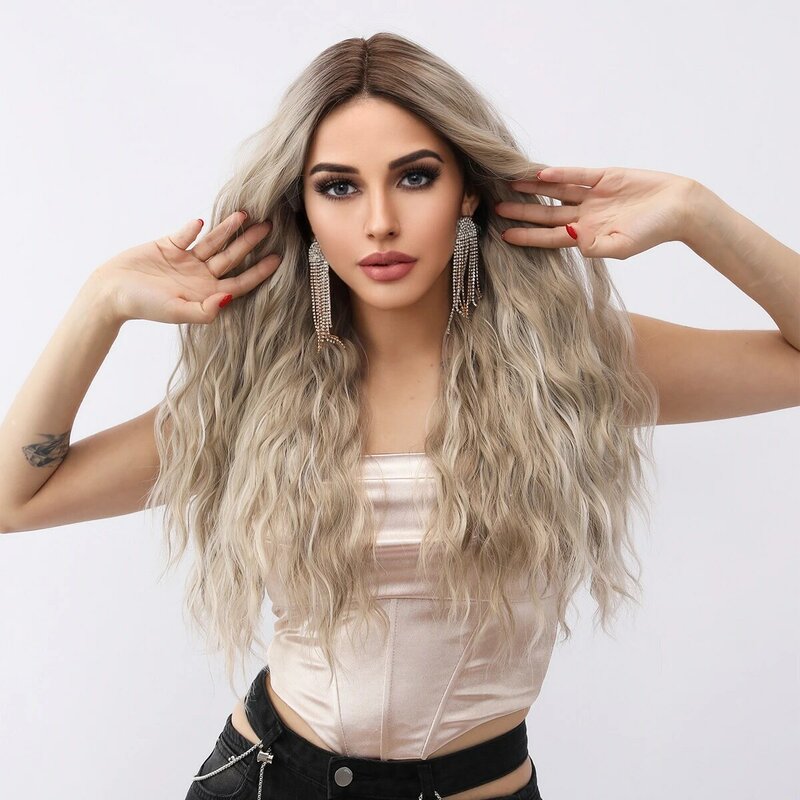 Smilco 24inches Omber Grey T-Part 13X5X1 Lace Front Curly Wigs For Women Long Hair Synthetic Lace Front Wig Heat Resistant Hair