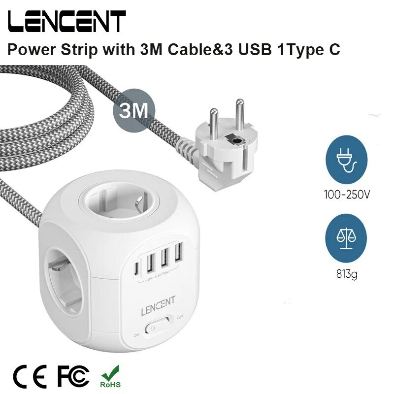 LENCENT-tira de alimentación con enchufe europeo, cubo con 4 salidas de CA, 3 puertos USB, 1 tipo C, 3M, Cable trenzado, multienchufe con interruptor para el hogar