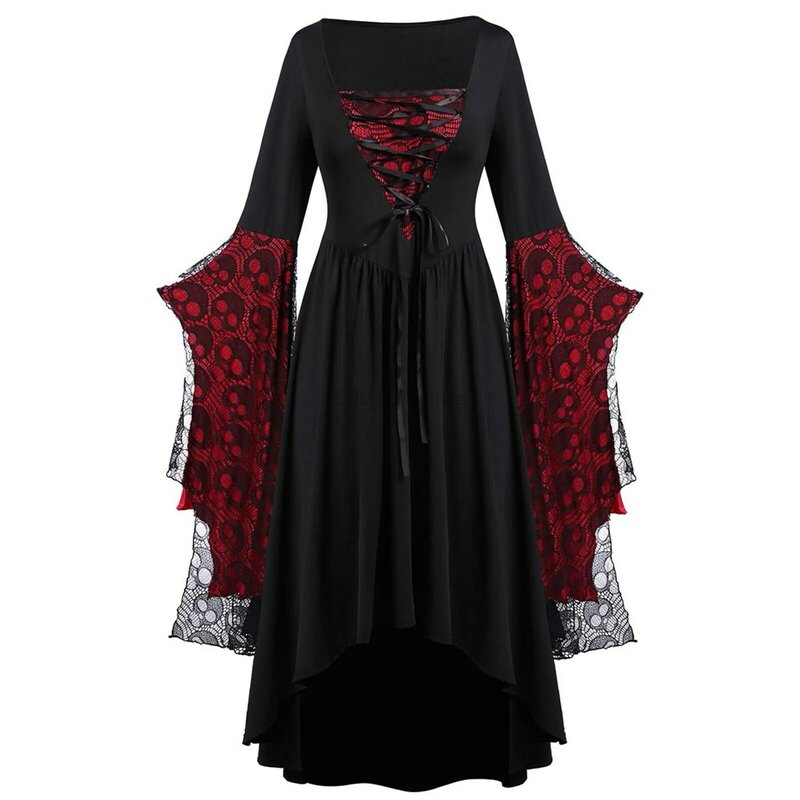 Gaun wanita kostum vampir penyihir Gotik abad pertengahan jubah bertudung berenda kostum Halloween gaun Cosplay Maxi blok warna