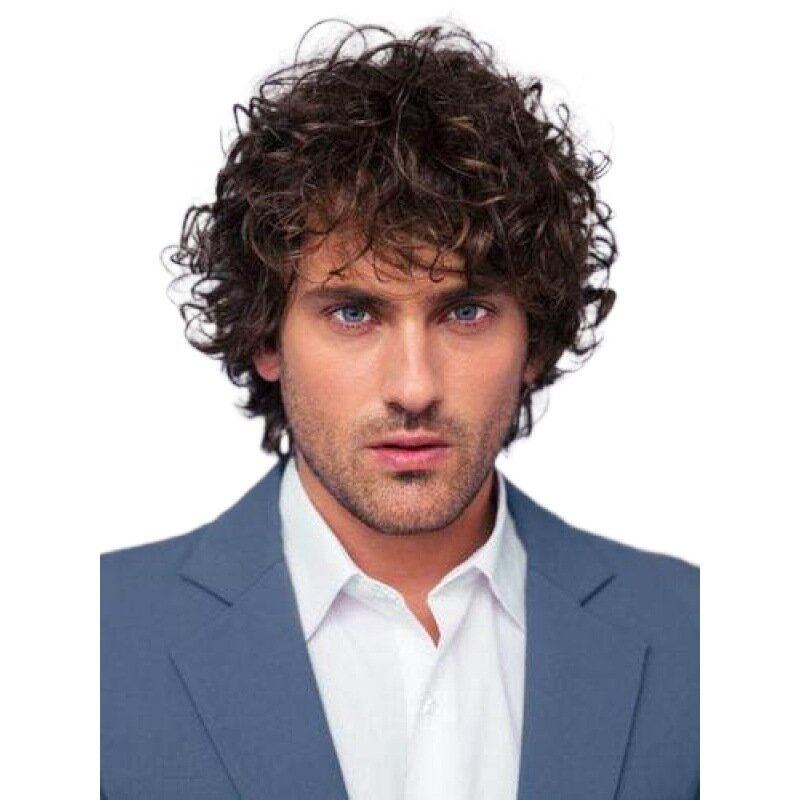 Men's Wig Fluffy Dark Brown Heat Resistant Fiber Synthetic Hair Wig with Bangs Short Curly Hair wig for everyday wig