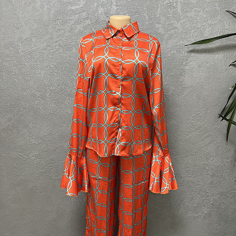 Conjunto de dos piezas de poliéster para mujer, traje africano de manga larga con cuello en V y pantalón largo, moda de verano, 2023