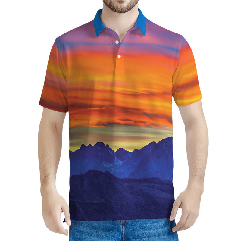 Polo masculino e feminino com botão impresso em 3D, camisa retrô Sunset, extragrande, mangas curtas, tops casuais, camiseta com lapela de rua, verão