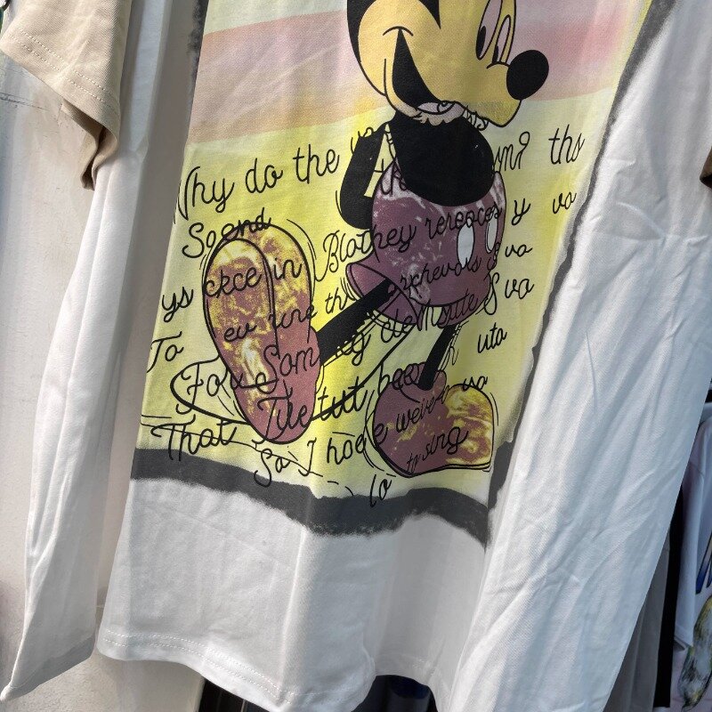 T-shirt de manga curta estampada PotdemRay para desenho animado feminino, top solto, com aparência jovem, temperamento de alta qualidade, verão, novo