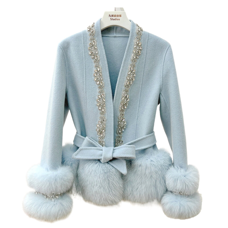 2023 inverno nuovo cappotto di pelliccia di pelliccia di volpe con perline corte elegante cappotto di Cashmere reversibile Socialite femminile caldo