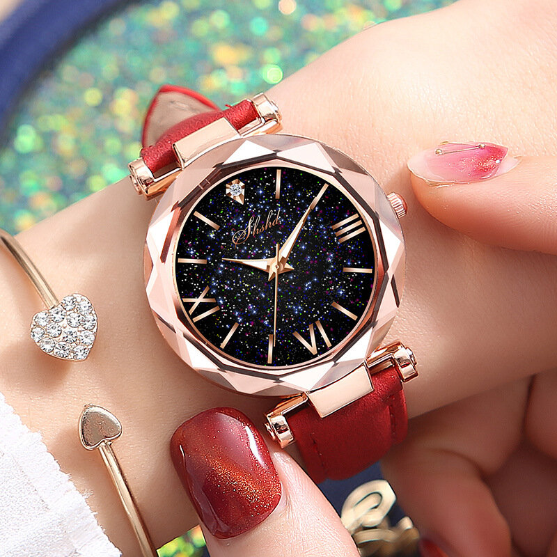 นาฬิกาแฟชั่นผู้หญิงสายหนังนาฬิกาควอตซ์ลายท้องฟ้าเต็มไปด้วยดวงดาวหน้าปัดเลขโรมันนาฬิกาหนังพลอยเทียม