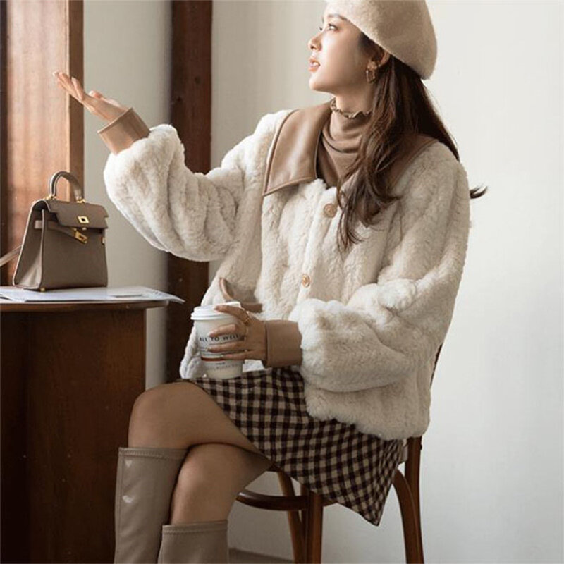 Chaqueta de piel sintética de lana de cordero de retazos de cuero para mujer, solapa de moda coreana, Tops gruesos de un solo pecho, abrigos de temperamento